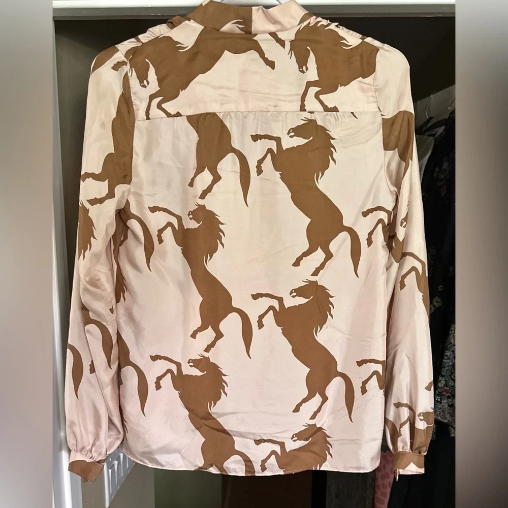 100% Silk Horse Print Long Sleeve Shirt Pink + Brown | Y2K Designer - Picture 3 of 12